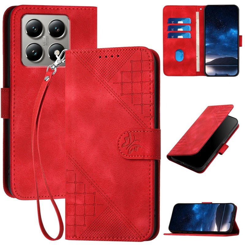 erorex For Xiaomi 15T Pro 5G Grid  Embossed Pattern Leather Phone Case with Lanyard(Red) - Image 1