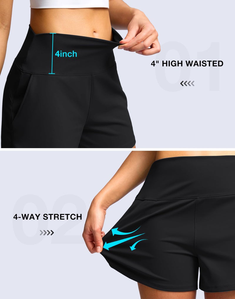 Soothfeel High Waisted Athletic Running Shorts for Women 3.5" Tummy Control Comfy Workout Gym Hiking Shorts with Pockets Black M - Image 5
