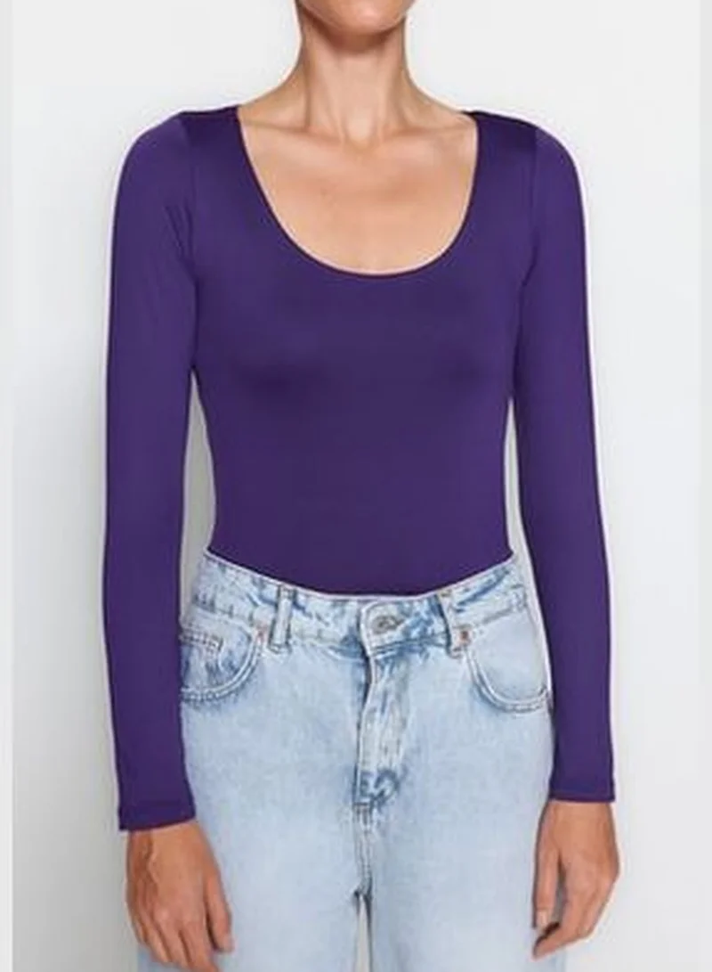 trendyol Purple Fitted/Situated, Crinoline Collar Soft Fabric, Flexible With Snap Buttons Knitted Body TWOAW24BD00031