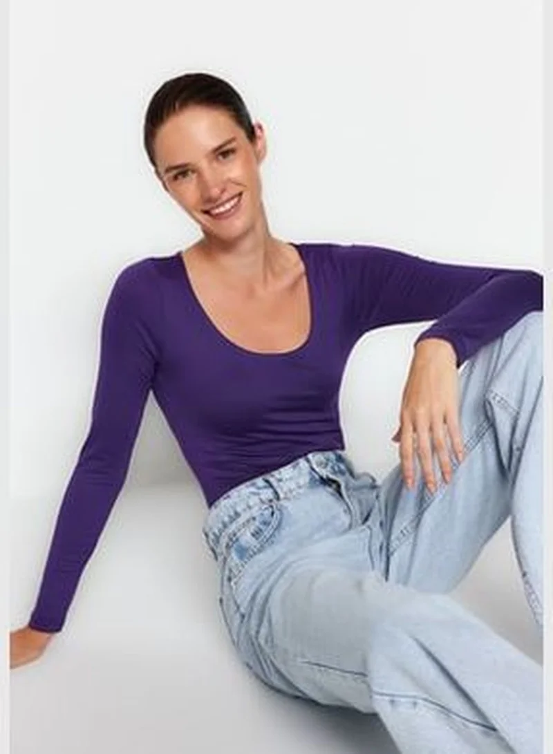 trendyol Purple Fitted/Situated, Crinoline Collar Soft Fabric, Flexible With Snap Buttons Knitted Body TWOAW24BD00031