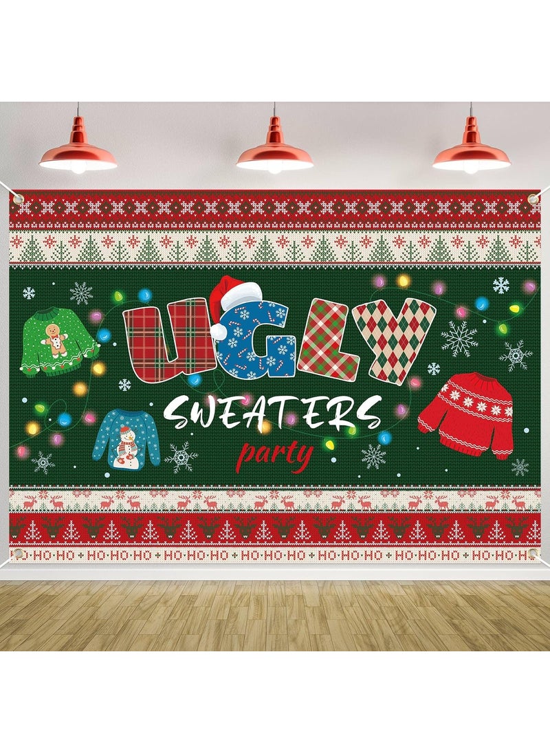 Moukeren 7 x 5 ft Tacky Ugly Christmas Sweater Party Backdrop Large Fabric Ugly Christmas Sweater Backdrop Xmas Photography Background Winter Holiday Photo Booth Party Decoration  - Image 1