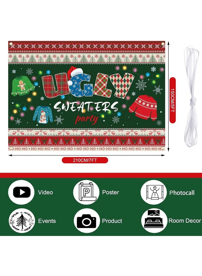 Moukeren 7 x 5 ft Tacky Ugly Christmas Sweater Party Backdrop Large Fabric Ugly Christmas Sweater Backdrop Xmas Photography Background Winter Holiday Photo Booth Party Decoration  - Image 5