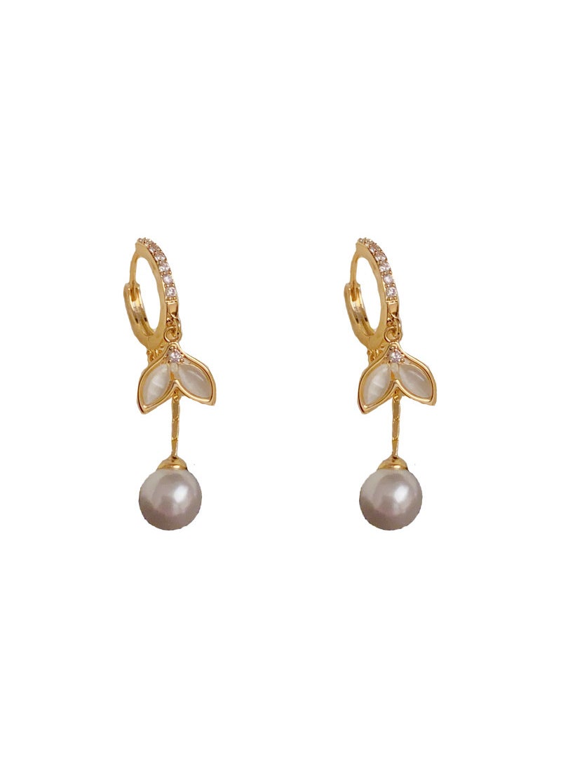 Generic - French Chic Cat Eye Tassel Pearl Earrings Cat's eye stone fishtail pearl tassel ear buckle (thick gold plating) - Image 1