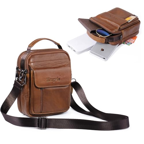 hengwin Travel Leather Crossbody Cell Phone Purse Messenger Bag Waist Pouch Fanny Pack Shoulder Handbags with Top Handle Shoulder Strap (Brown) - Image 1