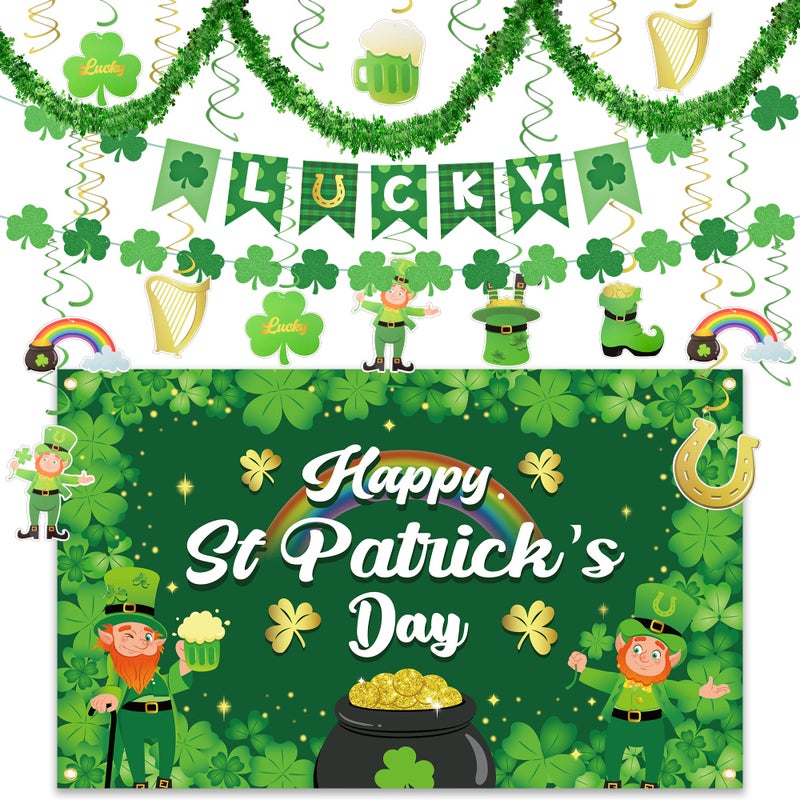 Heartome St Patricks Day Decorations, St Patricks Day Banner Decor, Large Saint Patricks Day Shamrock Photography Backdrop, 16.4FT St Patricks Day Garland, Hanging Swirls Irish Ornament for Garden Party Patio - Image 1