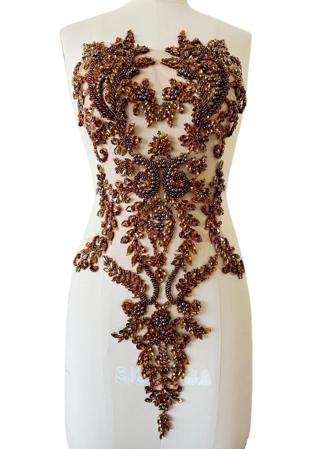 PLune Handmade Shiny Rhinestones Applique handsewing Beaded Sequins Crystal on lace Trim Patches for Prom Dress Clothing Decorative Accessories (Brown) - Image 4