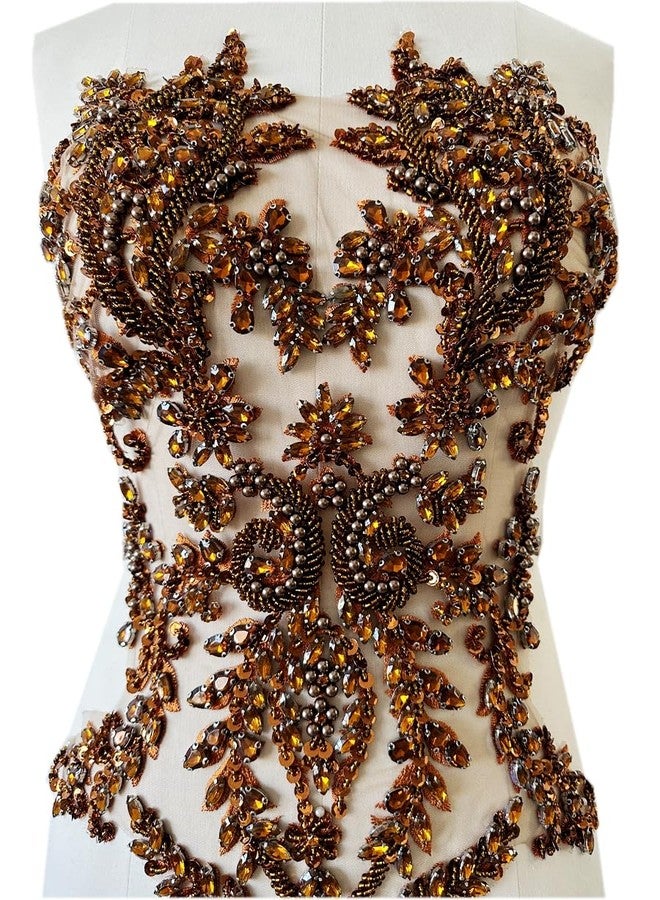 PLune Handmade Shiny Rhinestones Applique handsewing Beaded Sequins Crystal on lace Trim Patches for Prom Dress Clothing Decorative Accessories (Brown) - Image 2