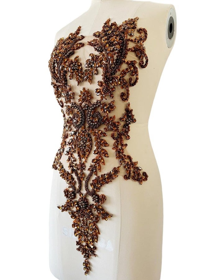 PLune Handmade Shiny Rhinestones Applique handsewing Beaded Sequins Crystal on lace Trim Patches for Prom Dress Clothing Decorative Accessories (Brown) - Image 5