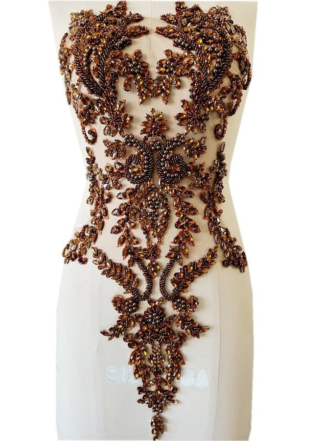 PLune Handmade Shiny Rhinestones Applique handsewing Beaded Sequins Crystal on lace Trim Patches for Prom Dress Clothing Decorative Accessories (Brown) - Image 3