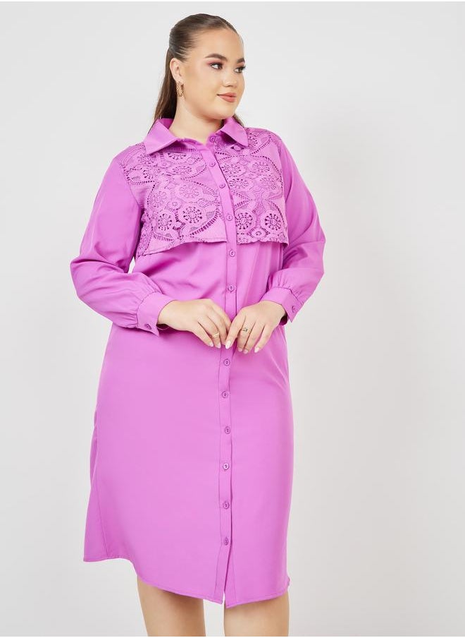 Styli - Plus Lace Detail Shirt Midi Dress - Image 1