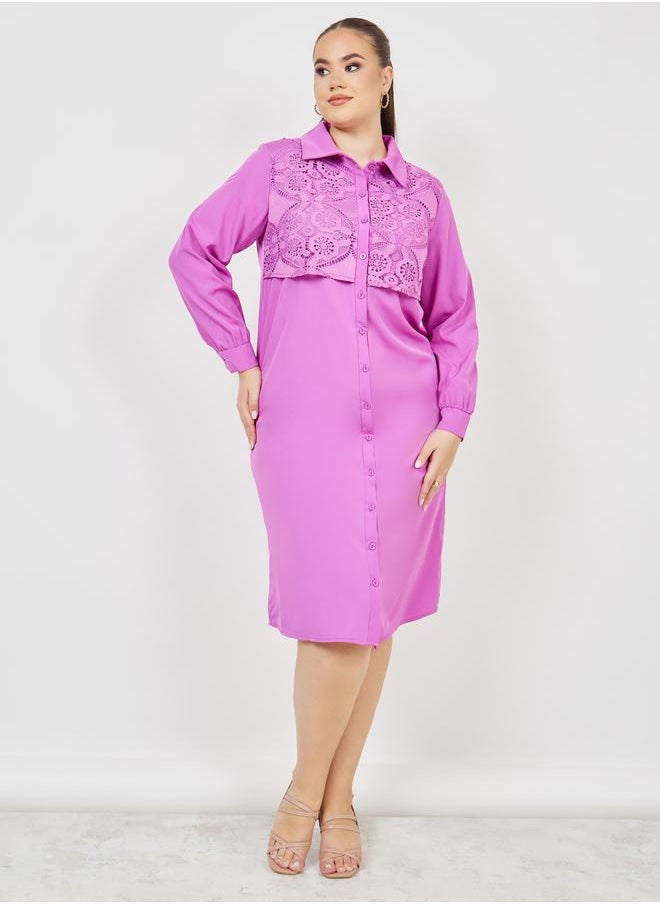 Styli - Plus Lace Detail Shirt Midi Dress - Image 1