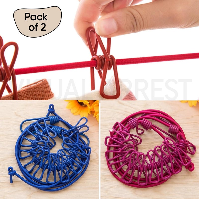 AMENDAS Portable Cloth Drying Rope for Drying Clothes Windproof Clothes Hanging Rope line 12 Clips for Balcony Travel Home and Outdoor Use Pack of 2 - Image 5
