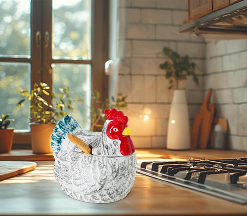 GABROC Hen Shaped Salt Container For Countertop Salt Cellar With Bamboo Spoon,Sugar Bowl With Lid,Ceramic Spice Storage Canisters With Lid, Colorful Farmhouse Kitchen Countertop Decor - Image 3