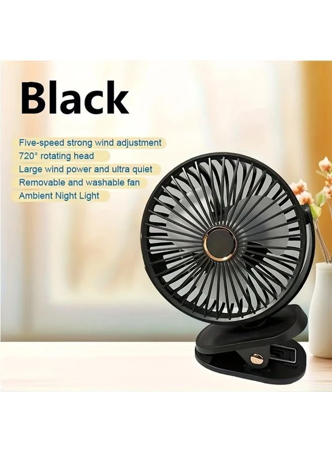 مروحة مكتبية محمولة قابلة للشد 360 درجة قابلة للتدوير 5 سرعات محرك أسود صامت شحن عبر USB - Image 1