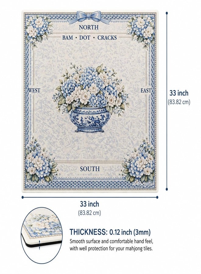 AVAONE American Mahjong Mat 33x33 Inch, Blue Porcelain Floral with Non-Slip Rubber Backing, 3mm Thick Table Mat with North South East West Markings, Hydrangea Vase Design - Image 2