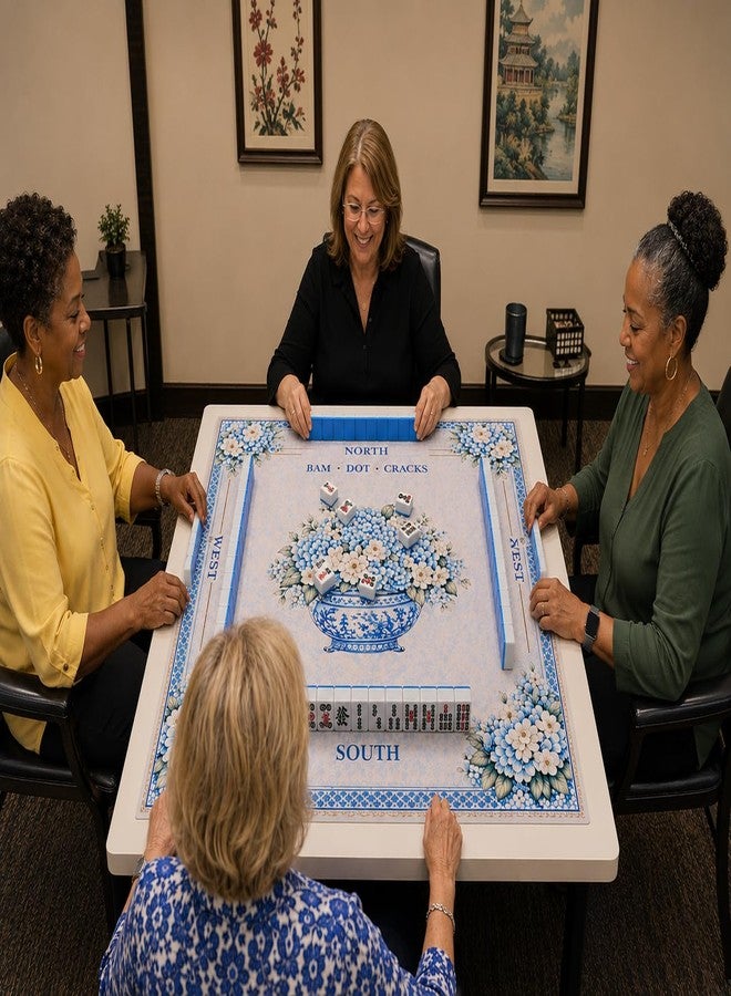 AVAONE American Mahjong Mat 33x33 Inch, Blue Porcelain Floral with Non-Slip Rubber Backing, 3mm Thick Table Mat with North South East West Markings, Hydrangea Vase Design - Image 5