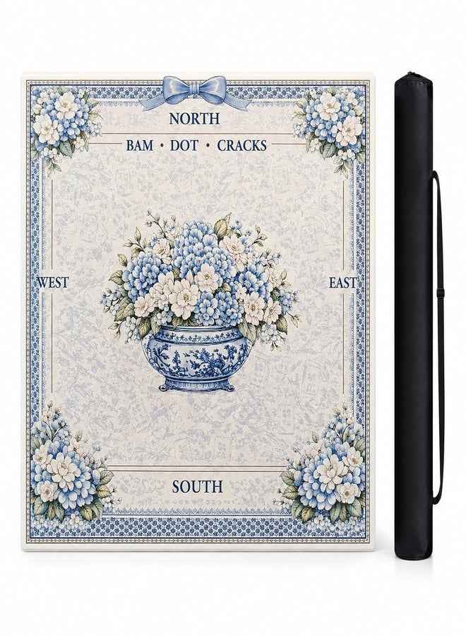 AVAONE American Mahjong Mat 33x33 Inch, Blue Porcelain Floral with Non-Slip Rubber Backing, 3mm Thick Table Mat with North South East West Markings, Hydrangea Vase Design - Image 1