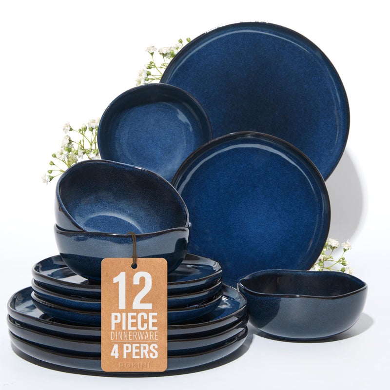 Pokini Ceramic Dinnerware Sets, Microwave Safe Plates and Bowls Sets, Kitchen Dishes Set for 4, Unbreakable & Dishwasher Safe Tableware, Everyday Use, Starry Blue - Image 1