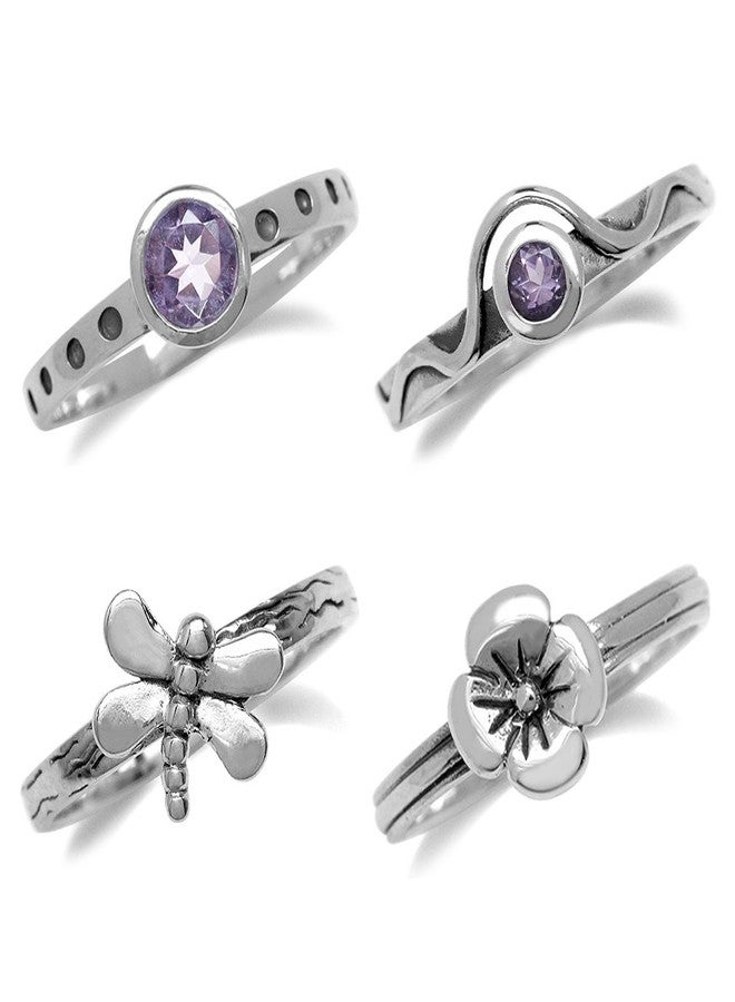 Silvershake Set of 4 Natural Amethyst 925 Sterling Silver Dragonfly and Flower Stack Stackable Rings - Image 2