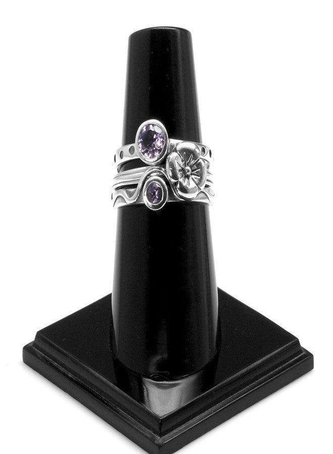 Silvershake Set of 4 Natural Amethyst 925 Sterling Silver Dragonfly and Flower Stack Stackable Rings - Image 3