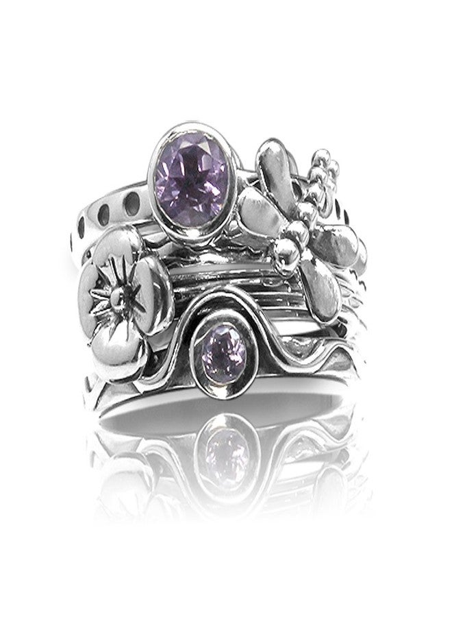 Silvershake Set of 4 Natural Amethyst 925 Sterling Silver Dragonfly and Flower Stack Stackable Rings - Image 1