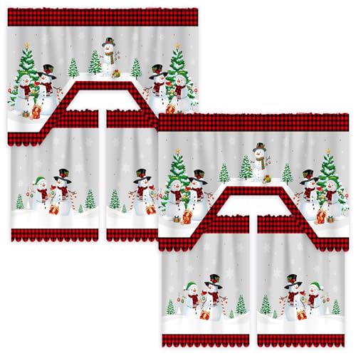 Frienda 6 Pcs Christmas Kitchen Curtains Window Curtains and Valance Set Snowman Christmas Tree Gnome Buffalo Plaid Swag for Bedroom Living Room 60 x 36 Valance 36 x 30 TierSnowman - Image 1