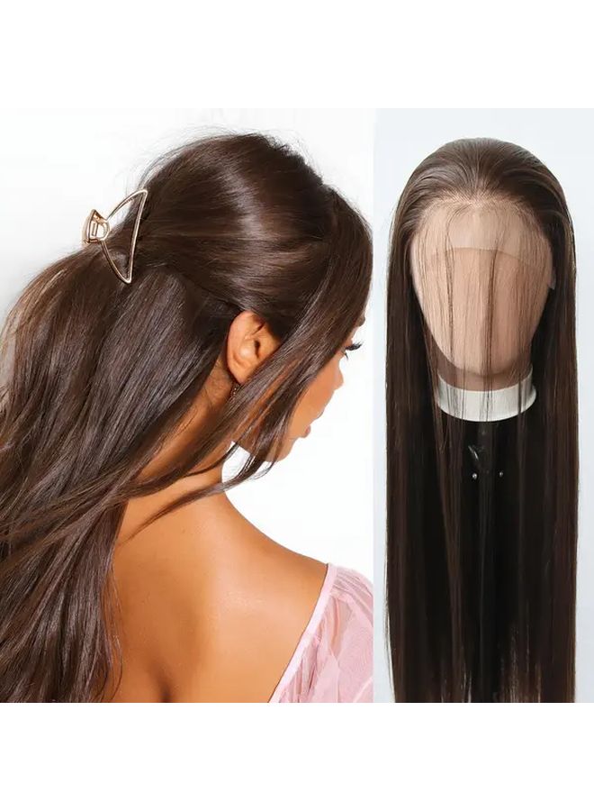 ميكس بني غامق 24 بوصة باروكة اصطناعية مقاومة للحرارة بدون غراء خط شعر مسبق التسليط - Image 2