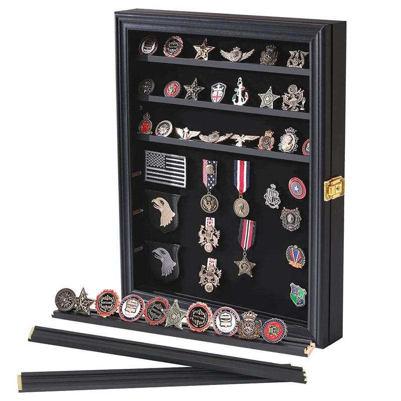 Verani Medals Display Case Wall Frame for Collector Military Challenge Coins Holder Pins Lockable Shadow Box with Removable Shelves Black