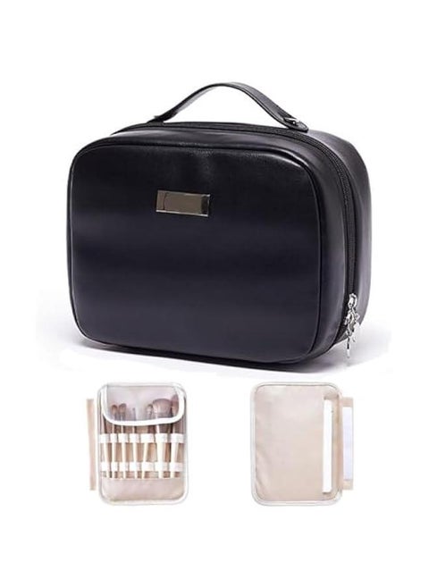 Portable Large Capacity Cosmetic Bag, Skincare Products, Makeup Brush Storage Bag, Double Layer Makeup Bag (Black)