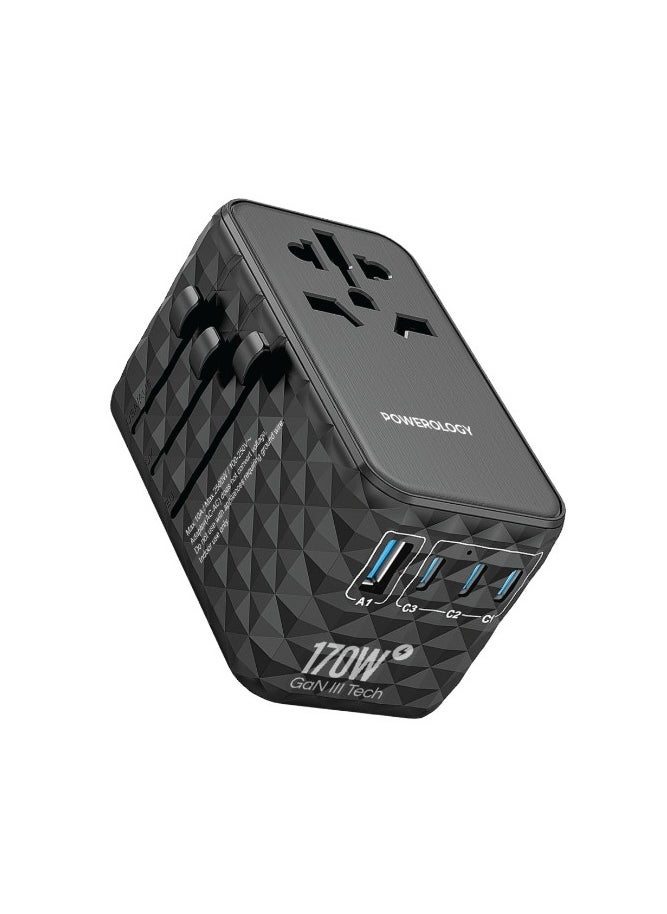 Powerology Universal 170W GaN Charger with 4 Ports Fast Charging & AC Socket / PD 140W /  Simultaneous Charging /  Includes Spare Fuse / Laptop Charger / 2500W Rated Power / USB-A & Triple USB-C Ports - Black  - Image 1