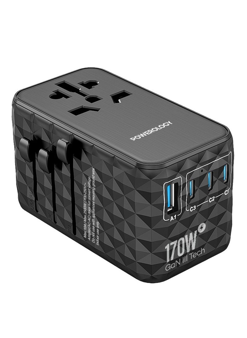 Powerology Universal 170W GaN Charger with 4 Ports Fast Charging & AC Socket / PD 140W /  Simultaneous Charging /  Includes Spare Fuse / Laptop Charger / 2500W Rated Power / USB-A & Triple USB-C Ports - Black  - Image 3
