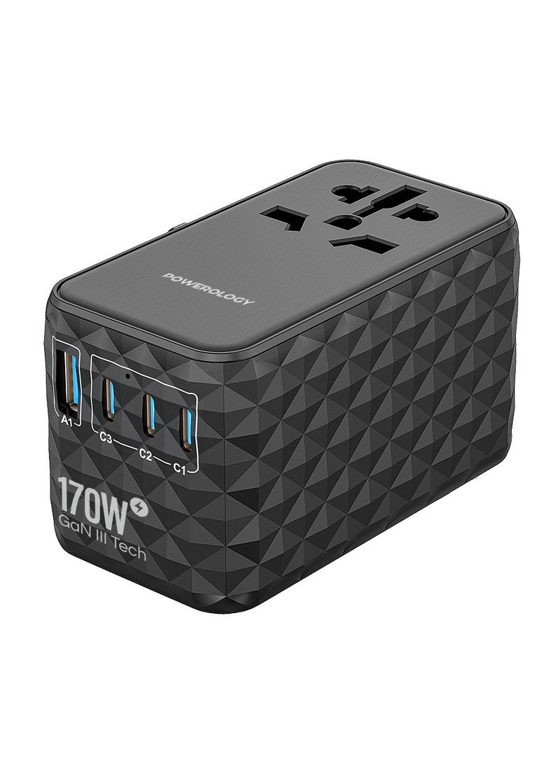 Powerology Universal 170W GaN Charger with 4 Ports Fast Charging & AC Socket / PD 140W /  Simultaneous Charging /  Includes Spare Fuse / Laptop Charger / 2500W Rated Power / USB-A & Triple USB-C Ports - Black  - Image 4