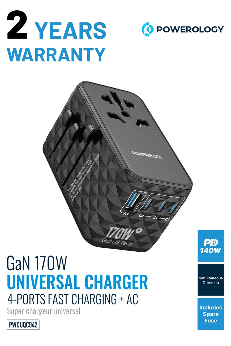 Powerology Universal 170W GaN Charger with 4 Ports Fast Charging & AC Socket / PD 140W /  Simultaneous Charging /  Includes Spare Fuse / Laptop Charger / 2500W Rated Power / USB-A & Triple USB-C Ports - Black - Image 1