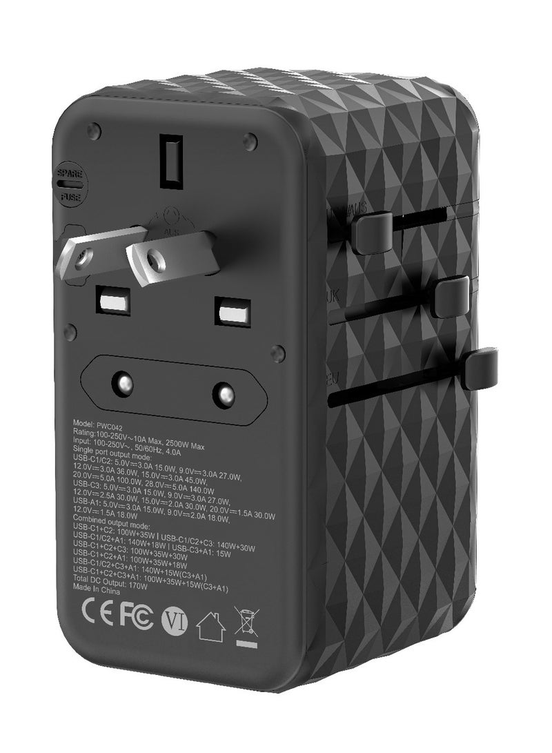 Powerology Universal 170W GaN Charger with 4 Ports Fast Charging & AC Socket / PD 140W /  Simultaneous Charging /  Includes Spare Fuse / Laptop Charger / 2500W Rated Power / USB-A & Triple USB-C Ports - Black - Image 4