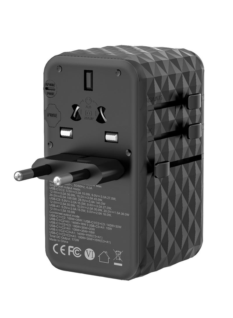 Powerology Universal 170W GaN Charger with 4 Ports Fast Charging & AC Socket / PD 140W /  Simultaneous Charging /  Includes Spare Fuse / Laptop Charger / 2500W Rated Power / USB-A & Triple USB-C Ports - Black - Image 5