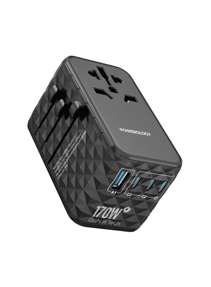 Powerology Universal 170W GaN Charger with 4 Ports Fast Charging & AC Socket / PD 140W /  Simultaneous Charging /  Includes Spare Fuse / Laptop Charger / 2500W Rated Power / USB-A & Triple USB-C Ports - Black - Image 1