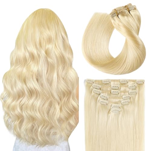 SUYYA Clip in Hair Extensions - Real Human Hair, Bleach Blonde, Straight, Double Weft - Clip ins, 7pcs, 120g (16 inches #613) - Image 1