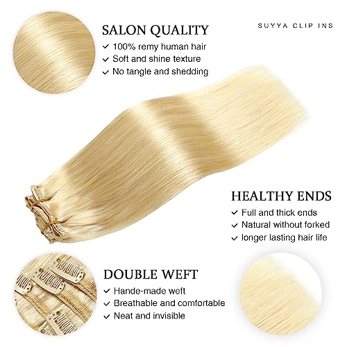 SUYYA Clip in Hair Extensions - Real Human Hair, Bleach Blonde, Straight, Double Weft - Clip ins, 7pcs, 120g (16 inches #613) - Image 3