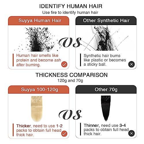 SUYYA Clip in Hair Extensions - Real Human Hair, Bleach Blonde, Straight, Double Weft - Clip ins, 7pcs, 120g (16 inches #613) - Image 5
