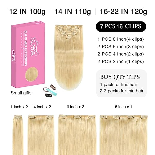 SUYYA Clip in Hair Extensions - Real Human Hair, Bleach Blonde, Straight, Double Weft - Clip ins, 7pcs, 120g (16 inches #613) - Image 2