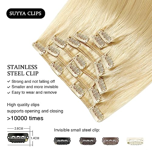 SUYYA Clip in Hair Extensions - Real Human Hair, Bleach Blonde, Straight, Double Weft - Clip ins, 7pcs, 120g (16 inches #613) - Image 4