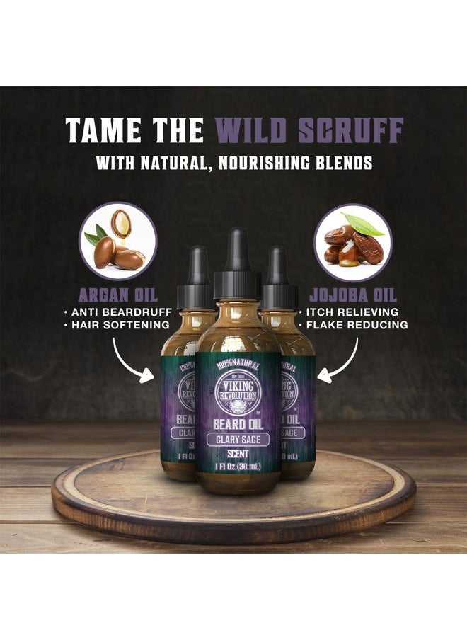 Viking Revolution Beard Oil for Men - Natural Blend with Argan, Jojoba and Clary Sage - Softens, Strengthens, Moisturizes and Conditions Beards (3 Pack)  - Image 1
