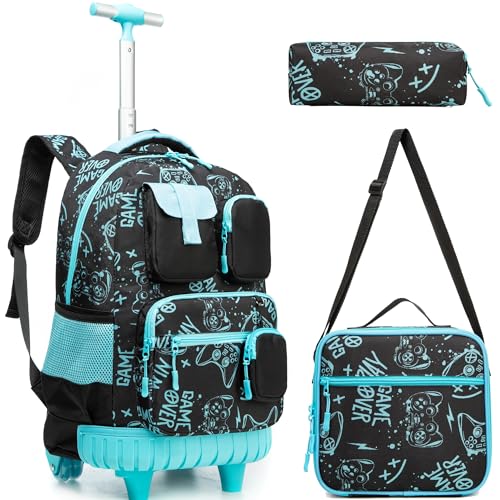 Meetbelify Boys Rolling Backpack with Wheels Kids Travel Luggage with Lunch Box Pencil Case for Elementary Students 18inch Carry on Suitcase for Boys Ages 8-10 - Image 1