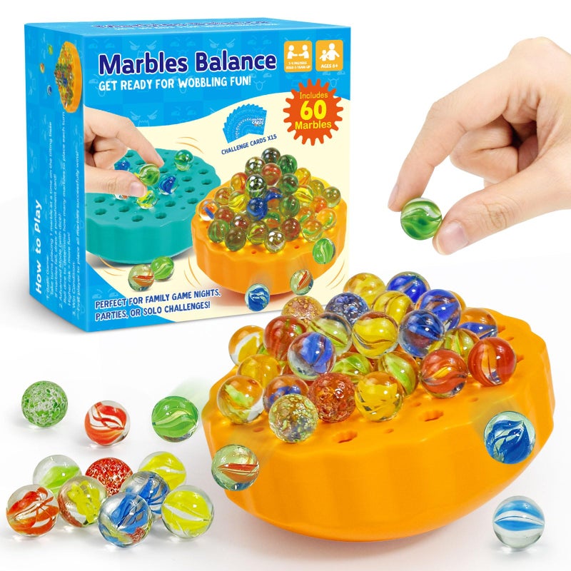 Ninigai Wobble Marble Game Balance Stacking Game for Kids 612 Families Fun Birthday Party Games with 60 Glass Marbles Dice Challenge Cards Indoor Tabletop Toy for 14 Players - Image 3