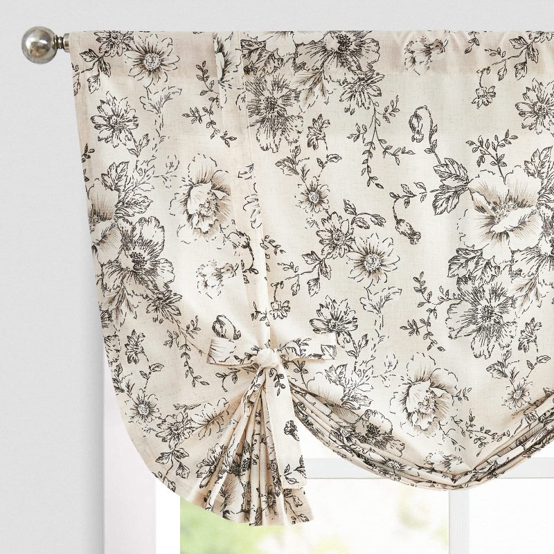 jinchan Floral Linen Valance for Windows Farmhouse Valance 54 Inch Peonies Short Window Treatment Adjustable for Kitchen Living Room Light Filtering 1 Panel, Black on Beige - Image 1