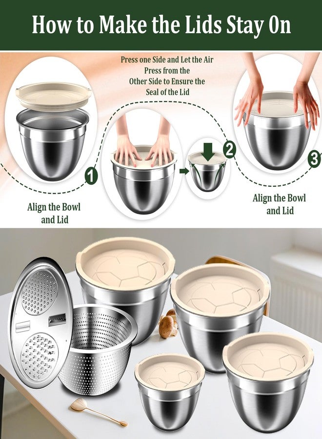 Nicdiet Mixing Bowls with Lids Set, 16PCS Stainless Steel Mixing Bowls,Nesting Storage Bowls for Kitchen with Mixing Bowls Set, Colander, Strainer & Grater , Metal Salad Bowl for Kitchen Gadgets , Cream - Image 2