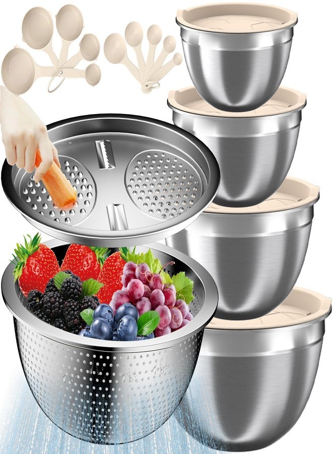 Nicdiet Mixing Bowls with Lids Set, 16PCS Stainless Steel Mixing Bowls,Nesting Storage Bowls for Kitchen with Mixing Bowls Set, Colander, Strainer & Grater , Metal Salad Bowl for Kitchen Gadgets , Cream - Image 1