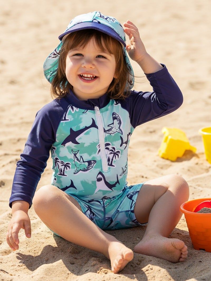 Toddler Baby Rash Guard Swimsuit Cute Shark Print Zipper Long Sleeve Bathing Suit with Swim Cap - Image 1