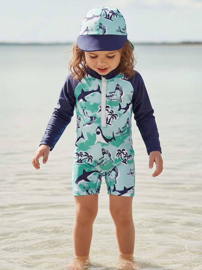 Toddler Baby Rash Guard Swimsuit Cute Shark Print Zipper Long Sleeve Bathing Suit with Swim Cap - Image 3