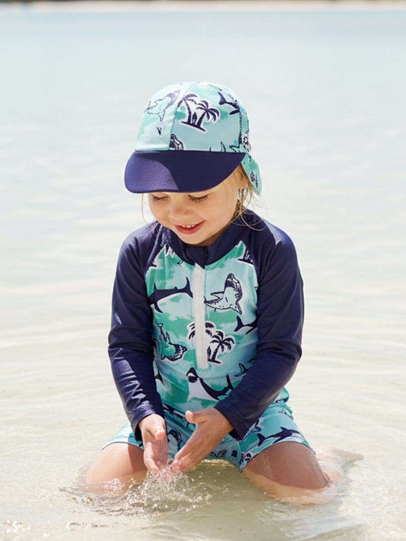 Toddler Baby Rash Guard Swimsuit Cute Shark Print Zipper Long Sleeve Bathing Suit with Swim Cap - Image 4
